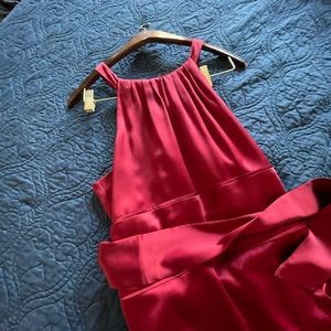 Red silk top bare shoulders with red sash